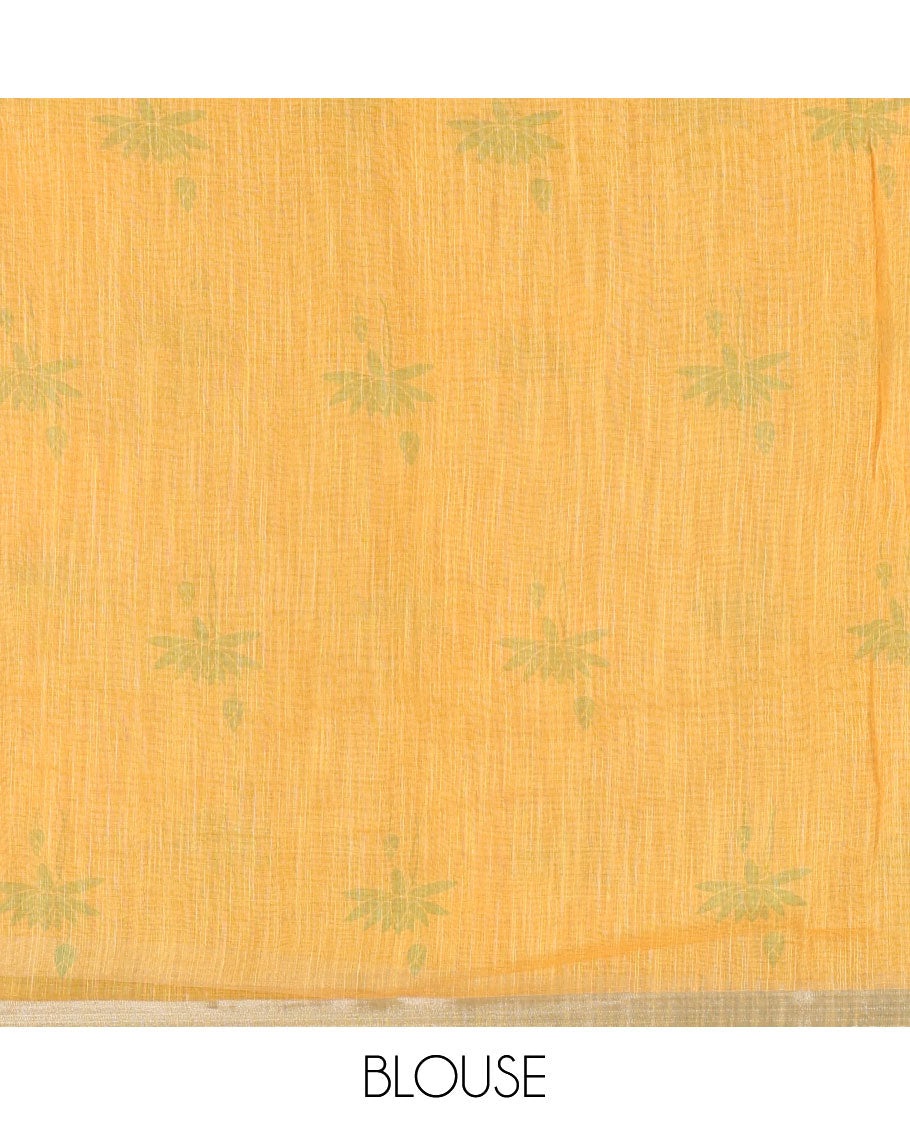 Green Pichwai lotus printed linen cotton saree, piping zari border, colorful tasselled lotus printed pallu, and a contrast lotus printed blouse