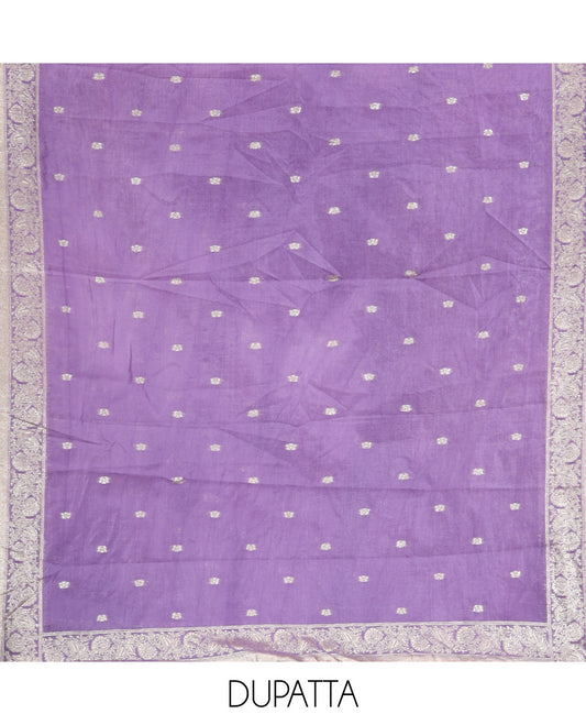 Lavender Material Churidar Set Features Gold Zari Neck Work Top, a Plain Santoon Bottom, a Banarasi Dupatta