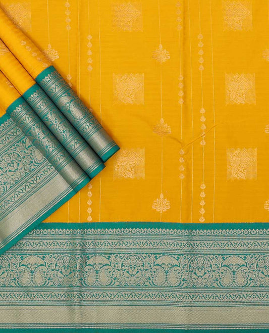 Orange floral design art silk pavadai material with contrast zari design border & floral zari design blouse