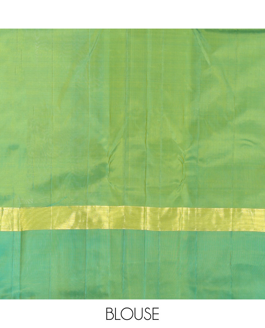 Green Kanchipuram Silk Saree, Woven with Floral Zari Buttas, a Contrast Floral Zari Design Border, Floral Design Pallu, and a Contrast Blouse