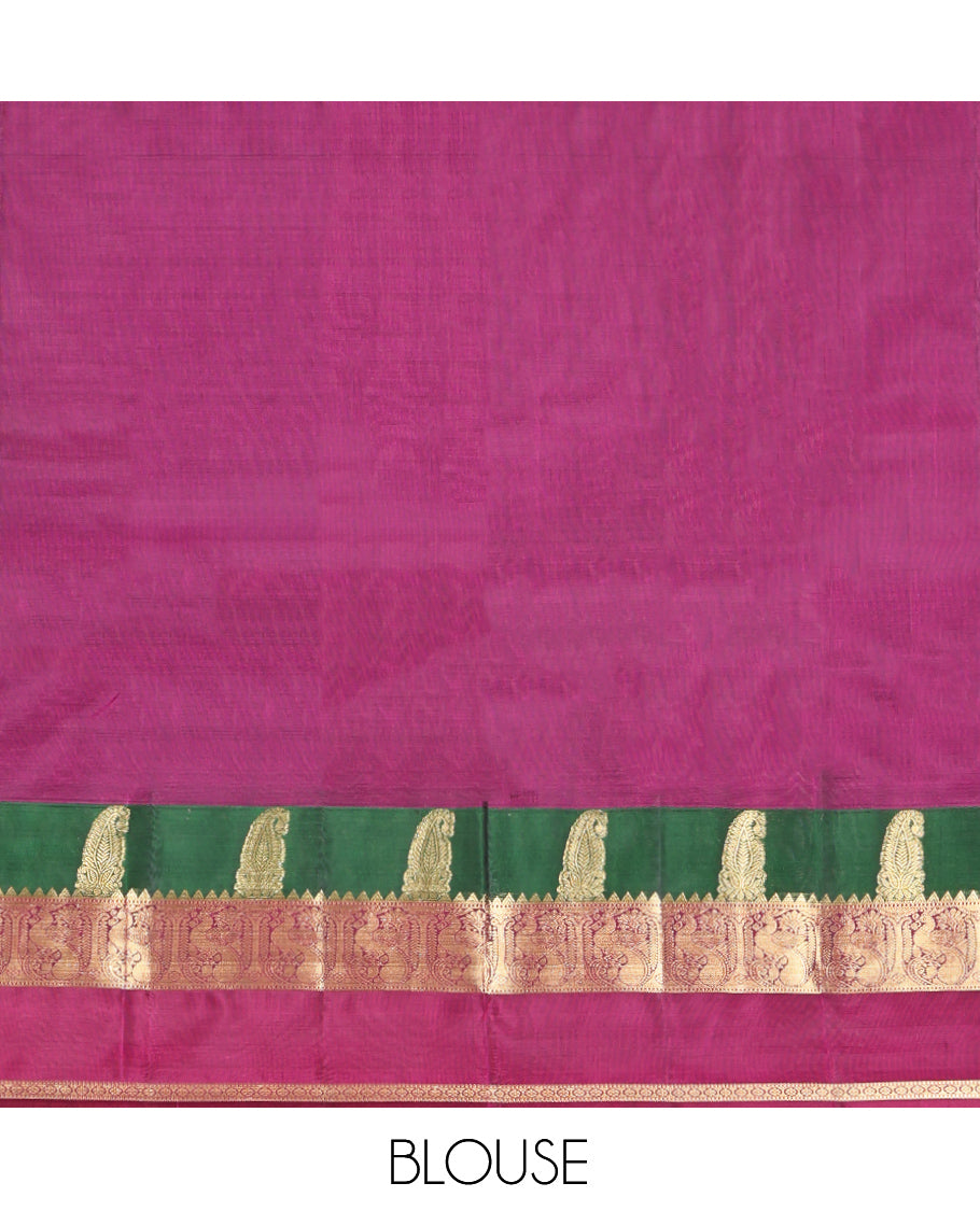 Rust Vasundhara Lite-Silk Mix Saree, Graced with Zari Buttas, Complemented by a Contrast Rettai Pettu Border of Manga, Mayil, Kamalam, and Muthu Designs, Grand Pallu, and a Contrast Blouse