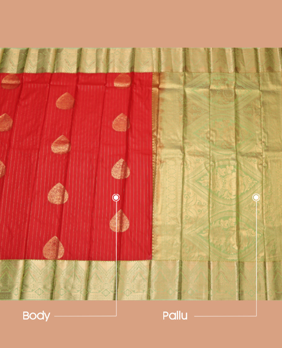 Rust Budget Silk Saree, Delicately Woven with Zari Buttas and Stripes, Complemented by Contrast Traditional Zari Border, Grand Pallu and a Contrast Blouse