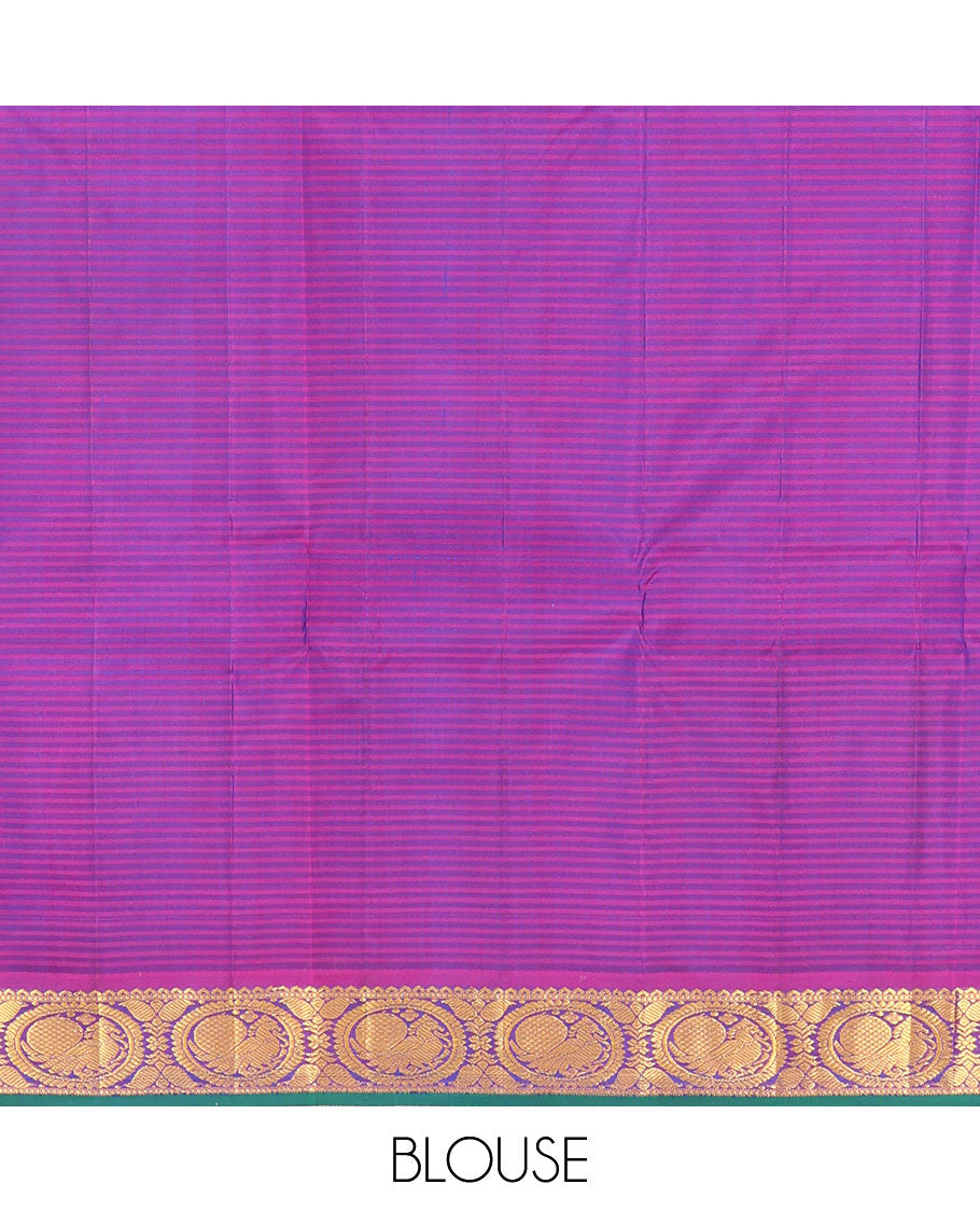 Blue Kanchipuram Silk Saree, Elevated with Vazhaipoo Stipes and Zari Buttas, a Contrast Traditional Mayil Motif Border, Pallu of Zari Design, and Contrast Blouse