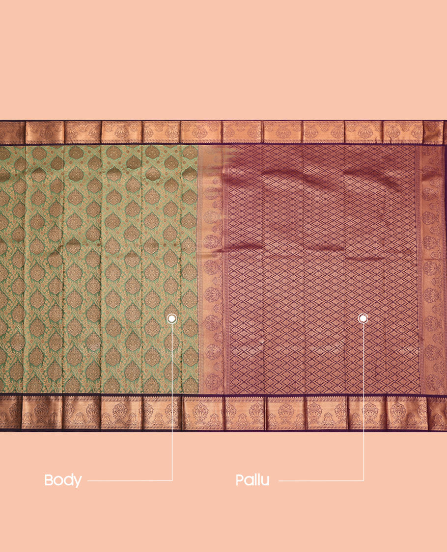 Green Budget Silk Saree, Prettified with Jacquard, Complemented by a Contrast Traditional Zari Border, Grand Pallu, and a Contrast Blouse