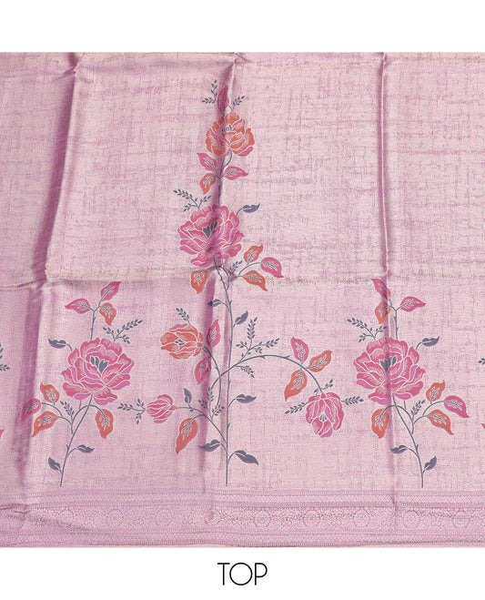 Pink Material Churidar Set, Impeccably Styled with Floral Prints on Its Banarasi-Silk Top, a Contrast Bottom, and Floral Printed Dupatta