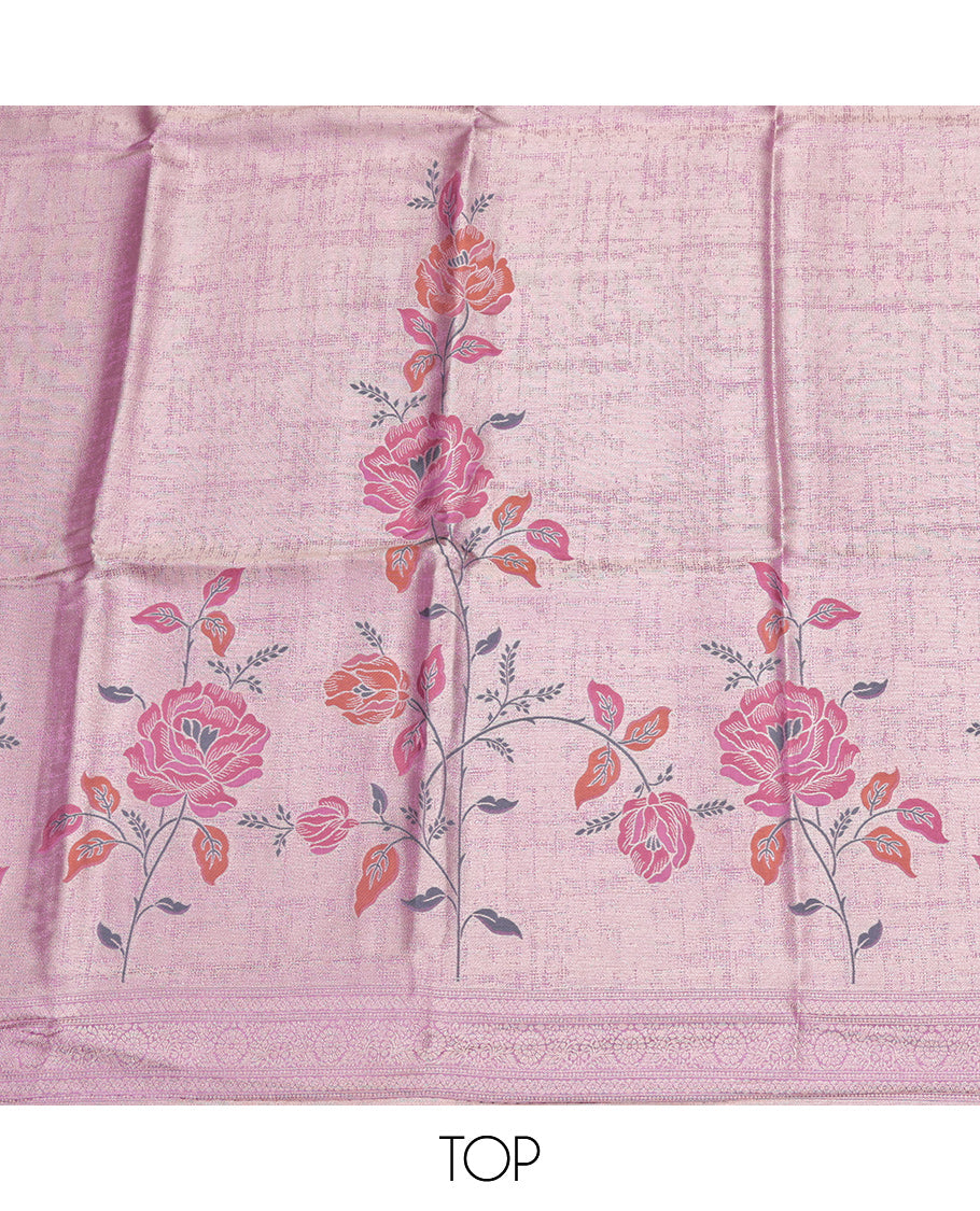 Pink Material Churidar Set, Impeccably Styled with Floral Prints on Its Banarasi-Silk Top, a Contrast Bottom, and Floral Printed Dupatta