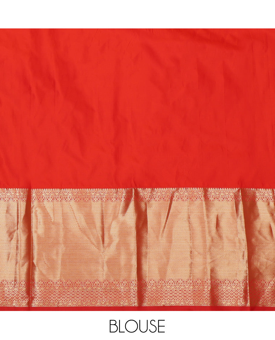 Blue Jacquard Art Silk Pavadai Material Features a Contrast Traditional Border, a Contrast Blouse