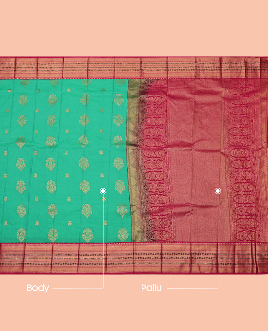 Green Budget Silk Saree, Elevated with Zari Buttas All Over Its Body, Complemented by a Contrast Traditional Zari Design Border, Grand Pallu, and Paired with a Contrast Blouse