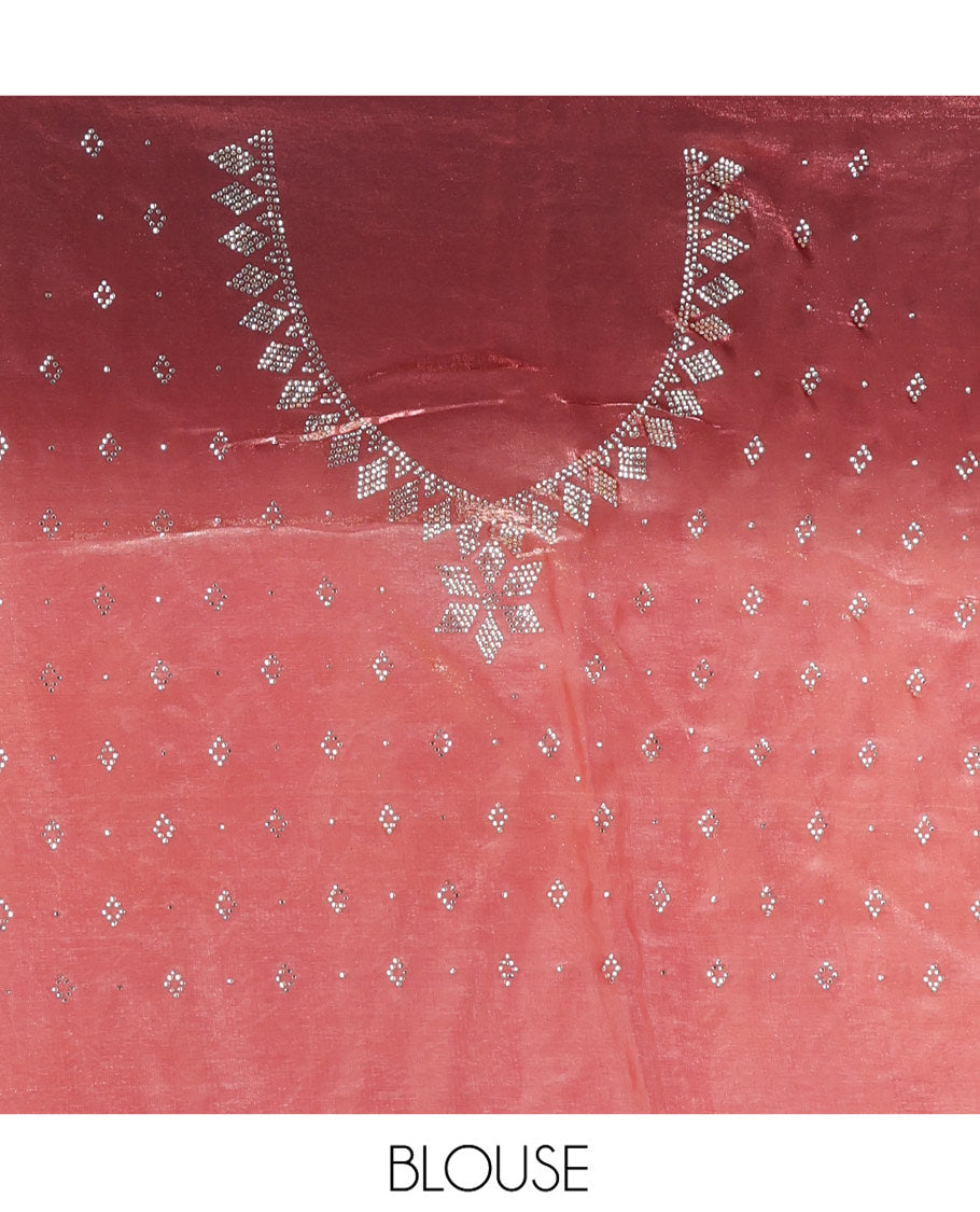 Peach Designer Saree, Adorned with Stone Struck on Its Body, Complemented by a Contrast Floral Design Stone Work Border, Pallu of Stone Work, and Paired with a Contrast Blouse