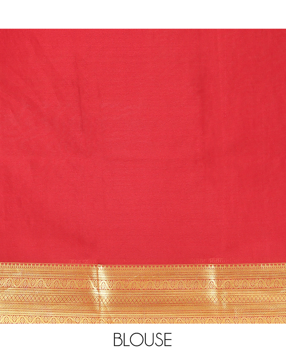 Yellow Mysore Silk Saree, Detailed with Zari Buttas, Complemented by a Contrast Traditional Zari Border, Jaal Pallu, and a Contrast Blouse