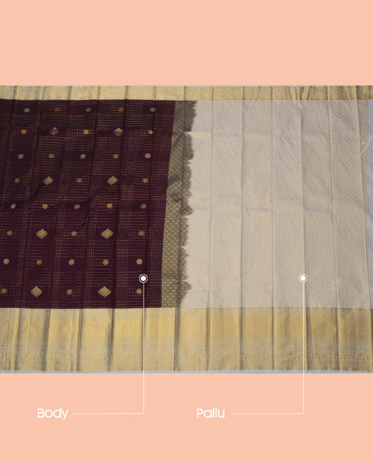 Wine Budget Silk Saree, Enriched with Zari Butta Enclosed Checks, Complemented by a Contrast Traditional Zari Border, Grand Jaal Pallu, and Contrast Blouse