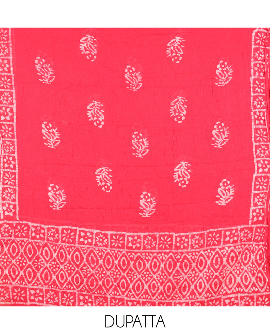 Pink Cotton Material Chudidar, Batik Printed Top, a Matching Bottom, and Batik Print Dupatta