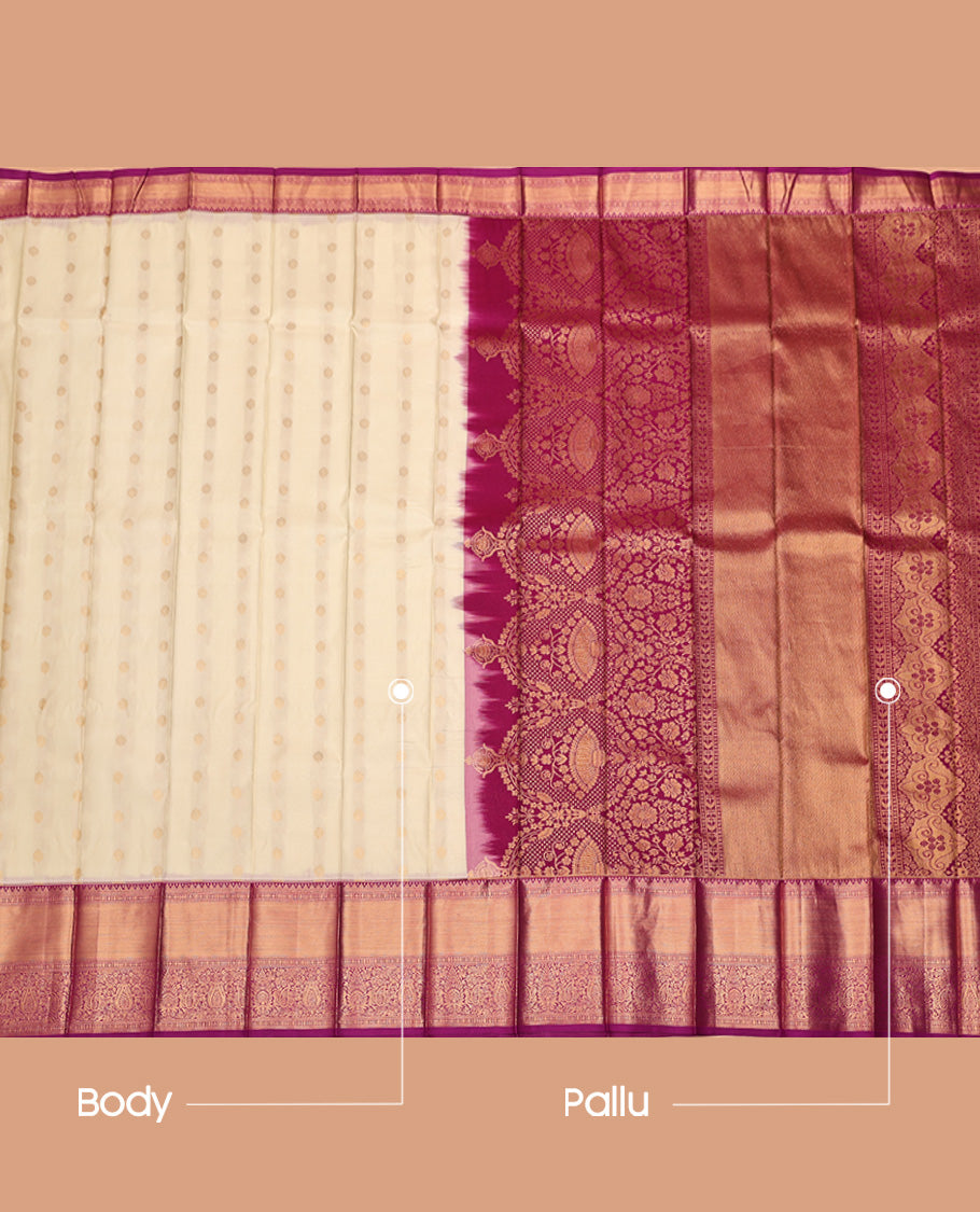 Cream Budget Silk Saree, Decked Up with Zari Buttas All Over Its Body, Complemented by a Contrast Traditional Zari Design Border, Grand Pallu, and Paired with a Contrast Blouse