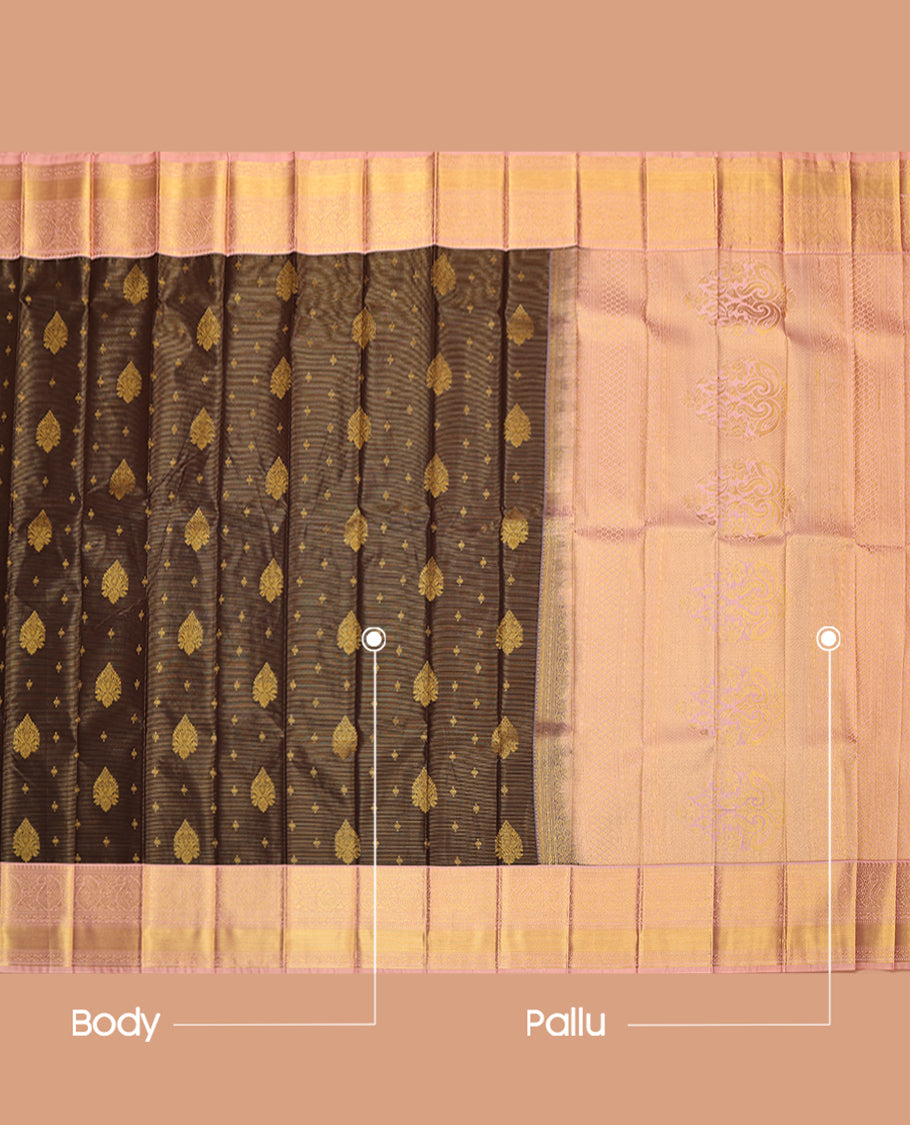 Brown Budget Silk Saree, Bedecked with Zari Buttas and Stripes, Complemented by a Contrast Traditional Border, Intricate Pallu, and Contrast Blouse