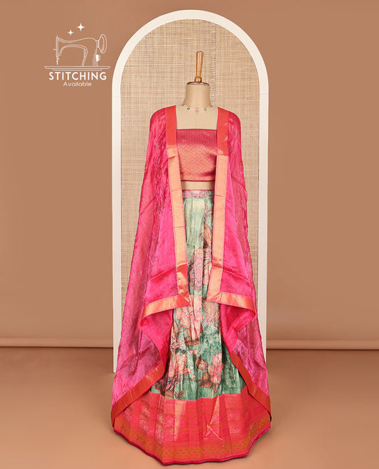 Green floral printed banaras half saree with contrast zari border, zari design blouse & floral zari design dhavani