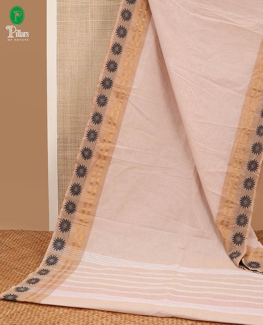 White chettinad cotton saree with sunflower border & jaipur print blouse