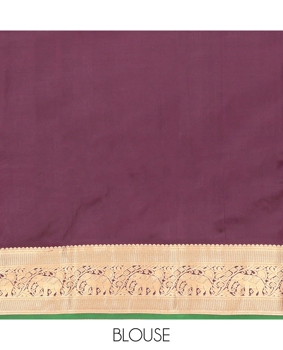 Sandal Vasundhara Silk Saree, Sparsely Woven with Zari Buttas All Over Its Body, Complemented by Contrast Border of Mayil Kann and Yaanai Designs, Grandly Decked Up Pallu and Paired with a Contrast Blouse