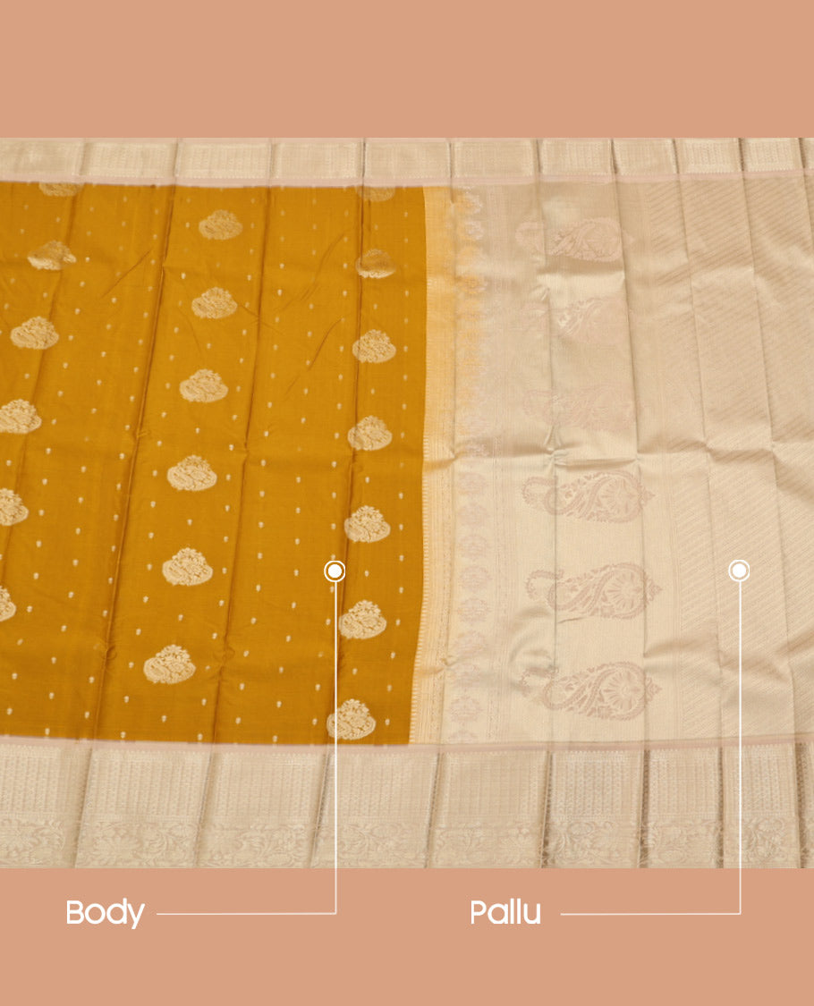 Yellow Budget Silk Saree, Featuring Zari Buttas on Its Body, Complemented by a Contrast Traditional Zari Design Border, Grand Pallu, and Paired with a Contrast Blouse