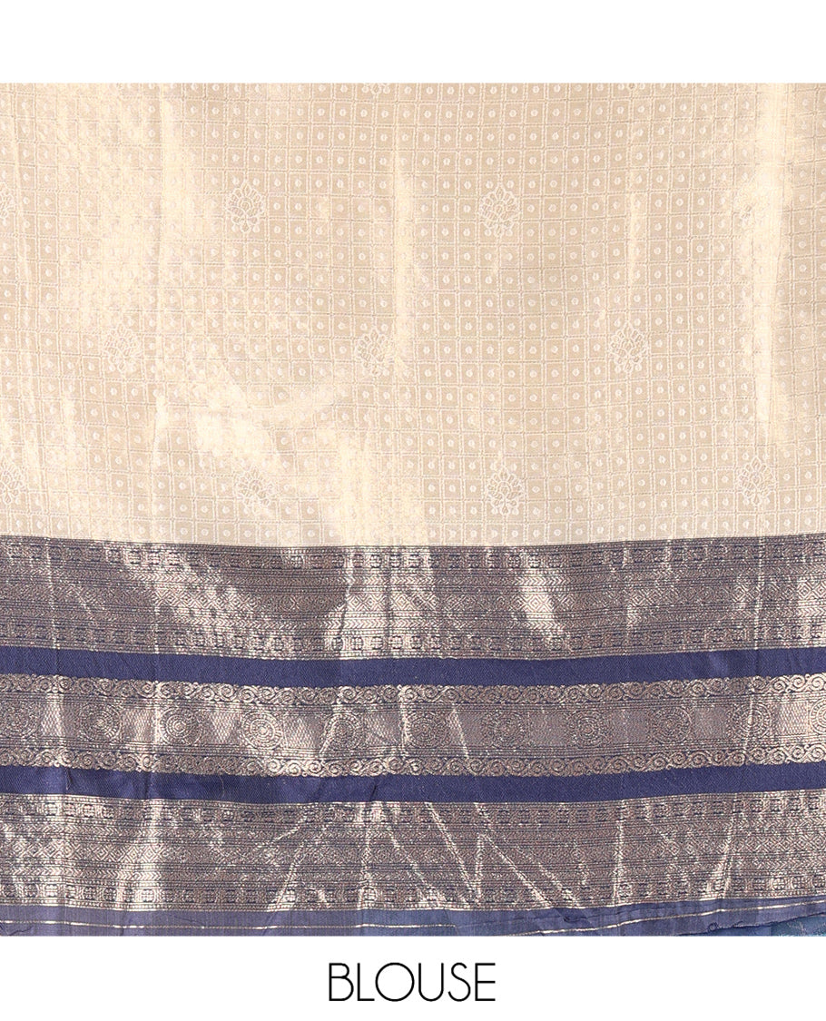 Cream-Navy Blue Semi-Silk Half-Saree