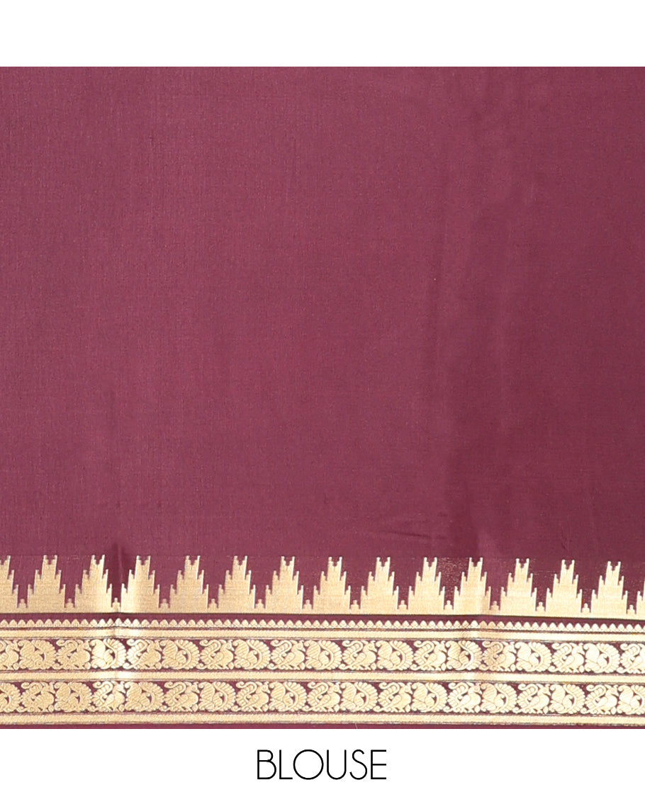 Pink Plain Mysore Silk Saree, Complemented by a Contrast Temple Peacock Zari Border, Zari Design Pallu, and a Contrast Blouse