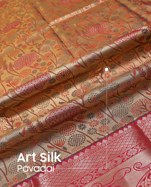 Sandal art-silk pavadai material set, floral meenakari-style jacquard pavadai with contrast blouse & traditional zari design border