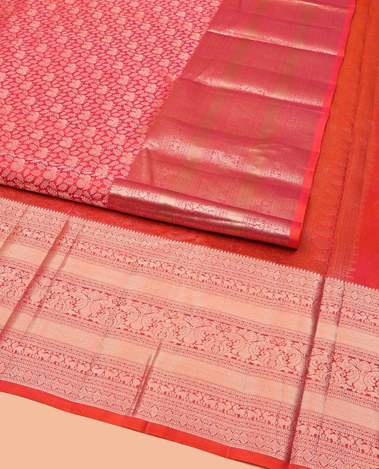 Red Kanchipuram Wedding Silk Saree, Beautified with Jacquard on Its Body, Highlighted by a Traditional Zari Border of Mayil Designs, Meticulously Pallu of Yaali Designs, and Paired with a Matching Blouse