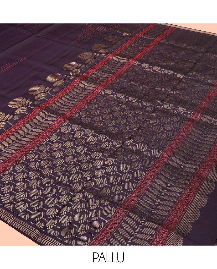Purple Mayuri Soft Silk Saree, Masterfully Woven with Floral Buttas and Stripes, a Piping Border, Pallu of Floral Designs, and a Matching Blouse