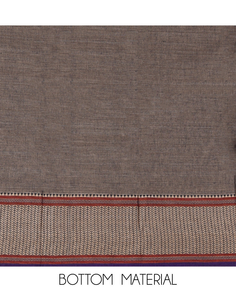 Dark Chikku Mercerised Cotton Material Churidar Features Plain Top, Contrast Traditional Thread Border, Plain Bottom, Matching Dupatta