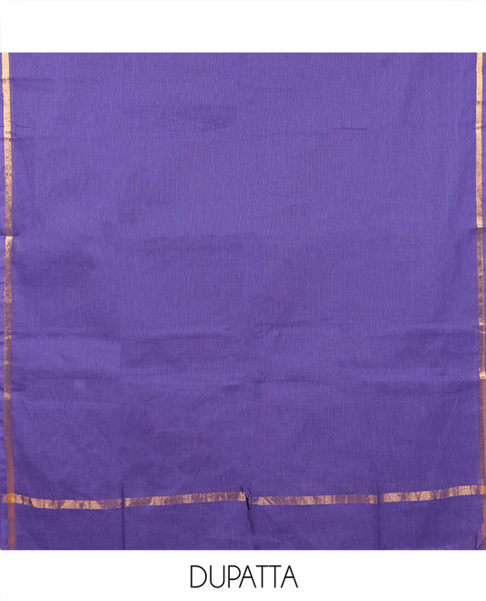Lavender Handloom Material Chudidar, Peacock-Chakram Motifs-Threaded Top, a Contrast Plain Bottom, and a Contrast Dupatta
