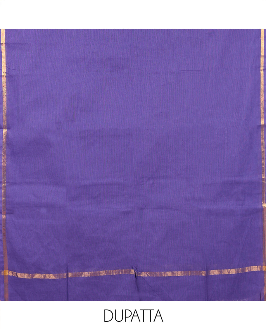Lavender Handloom Material Chudidar, Peacock-Chakram Motifs-Threaded Top, a Contrast Plain Bottom, and a Contrast Dupatta