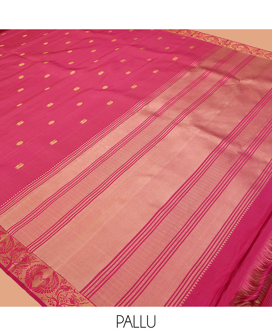 Pink Kanchipuram Silk Saree, Woven with Checks and Mayil Buttas, Highlighted by Bird Motif Woven Border, Zari Striped Pallu, and a Matching Blouse