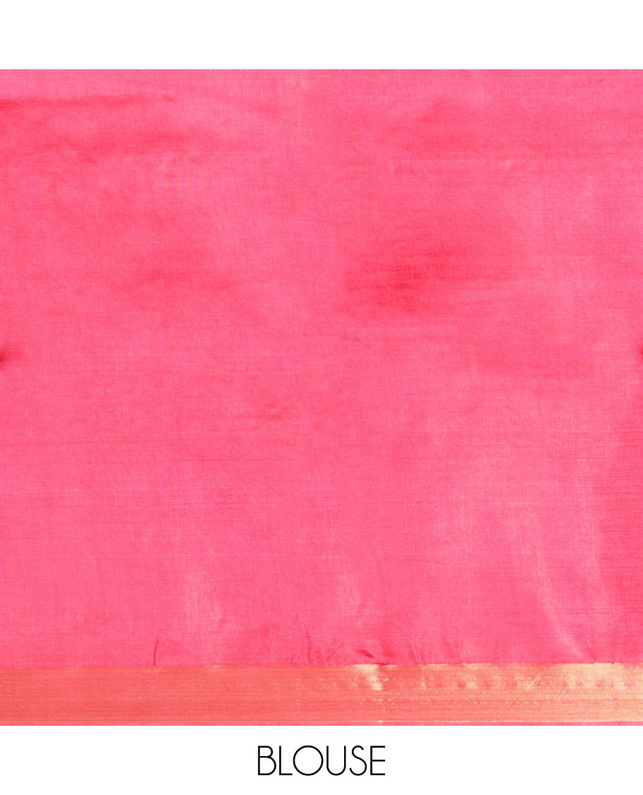 Pink Banana Pith Saree, Ornamented with Zari Designs, a Zari Border, Striped Pallu, and Matching Blouse