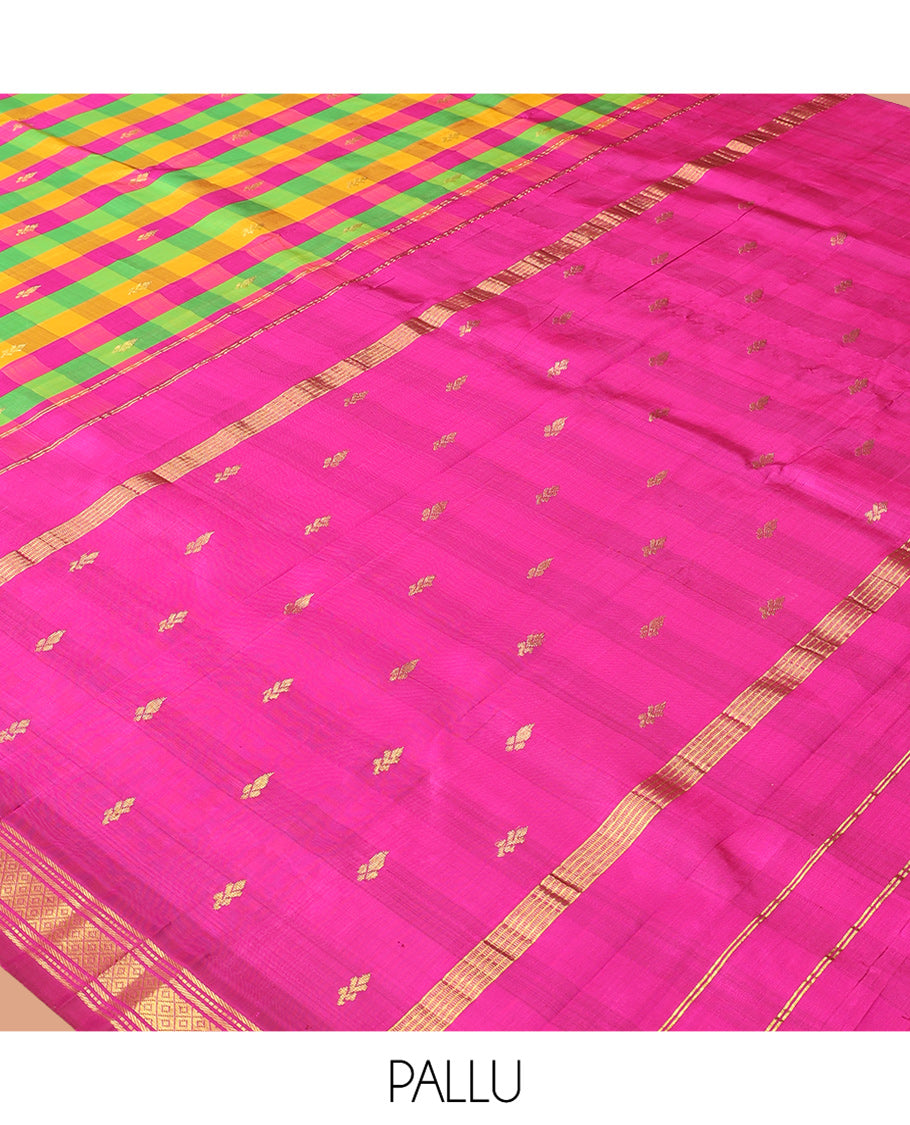 Multi-Color Palum Pazhamum Checked Kanchipuram Silk Saree, a Zari Border of Banaras, Muthu, and Mayil Kann Design, Pallu of Zari Design, and No Blouse