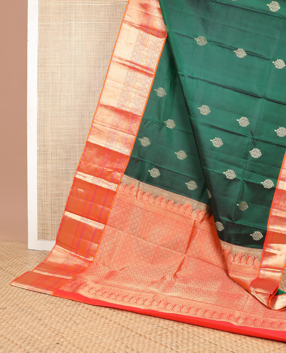 Bottle green buttas silk saree with contrast intricate zari design border & jaal design pallu