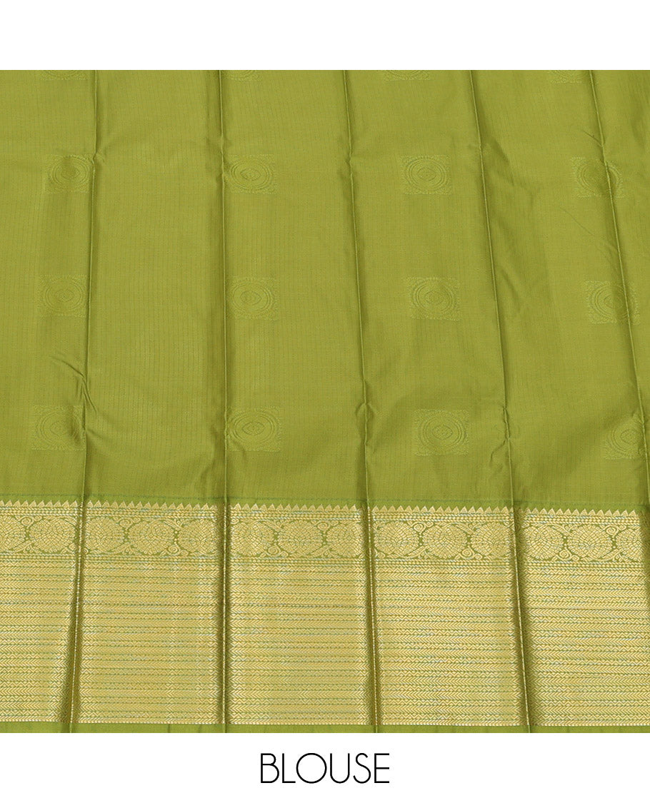 Grey Budget Silk Saree, Sparsely Threaded with Zari Buttas and Stripes, Complemented by a Contrast Traditional Zari Border, Jaal Pallu, and Contrast Blouse