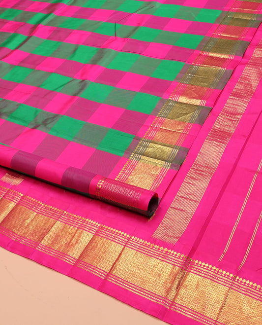 Multi-Color Kanchipuram Silk Saree, Enthralled with Checked Design on Its Body, Highlighted by a Zari One-Sided Border of Panner Sombu, Muthu, Banaras, and Jaal Designs, Pallu of Zari Designs, and Comes Without a Blouse