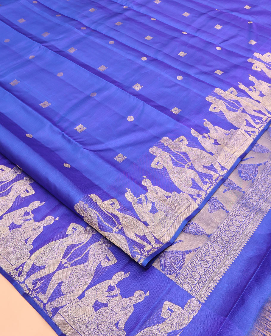 Blue Vasundhara Silk Saree, Detailed with Zari Buttas, Highlighted by a Classical Dance-Themed Woven Border, Pallu of Dance Mudras, and a Matching Blouse