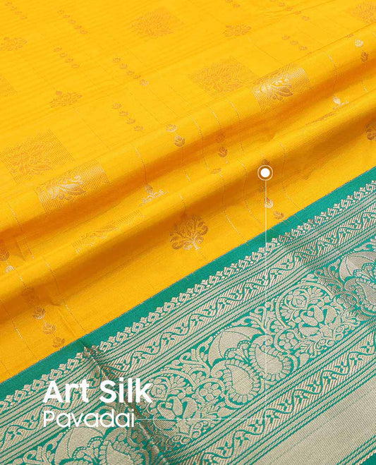 Orange floral design art silk pavadai material with contrast zari design border & floral zari design blouse