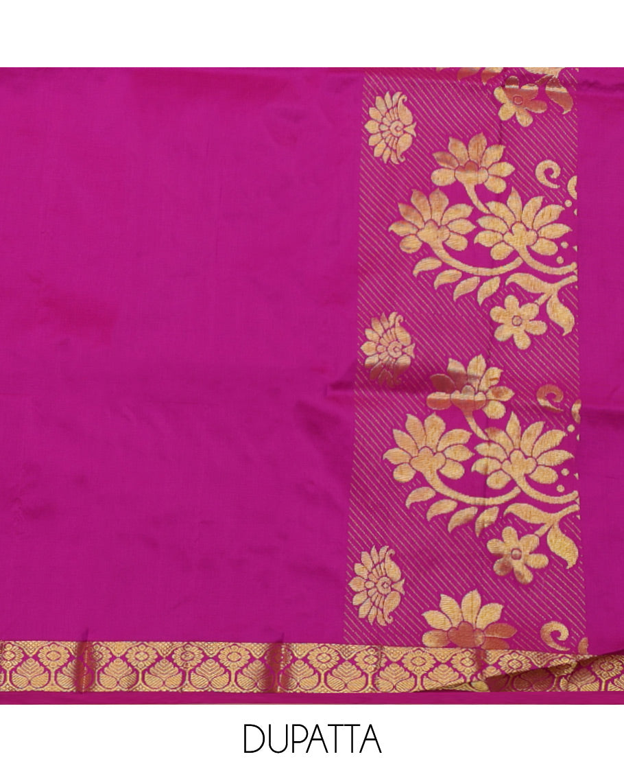 Off-white Art Silk Material Half-Saree Set, Subtly Sparkled with Jacquard Design Skirt, Complemented by Contrast Traditional Zari Designs Woven Border, Grand Jacquard Blouse, and Paired with a Intricate Blouse