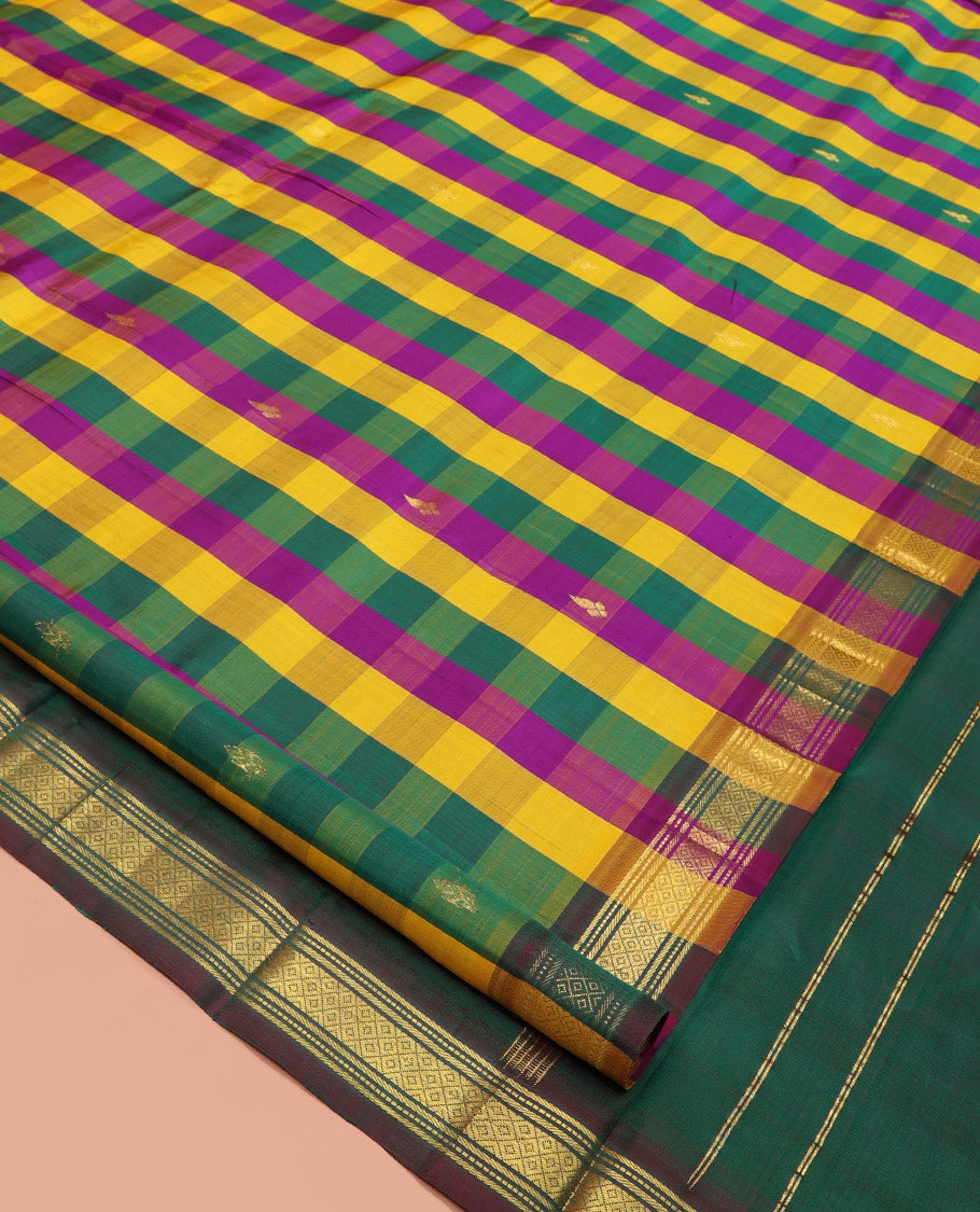 Multi-Color Kanchipuram Silk Saree, Elevated with Paazhum Palamum Checks and Zari Buttas, a Traditional One-Sided Border, Zari-Woven Pallu, and No Blouse
