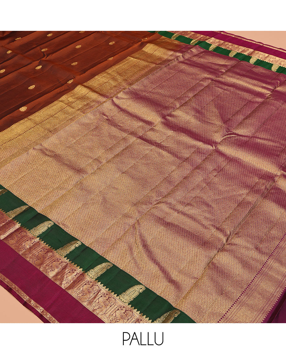 Rust Vasundhara Lite-Silk Mix Saree, Graced with Zari Buttas, Complemented by a Contrast Rettai Pettu Border of Manga, Mayil, Kamalam, and Muthu Designs, Grand Pallu, and a Contrast Blouse