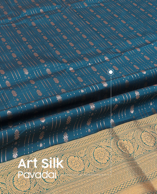 Blue Art Silk Pavadai Material Set, Elegantly Embellished with Zari Designs All Over the Skirt, Complemented by a Contrast Traditional Zari Design Border of Floral Creeper Designs, and Paired with a Contrast Blouse