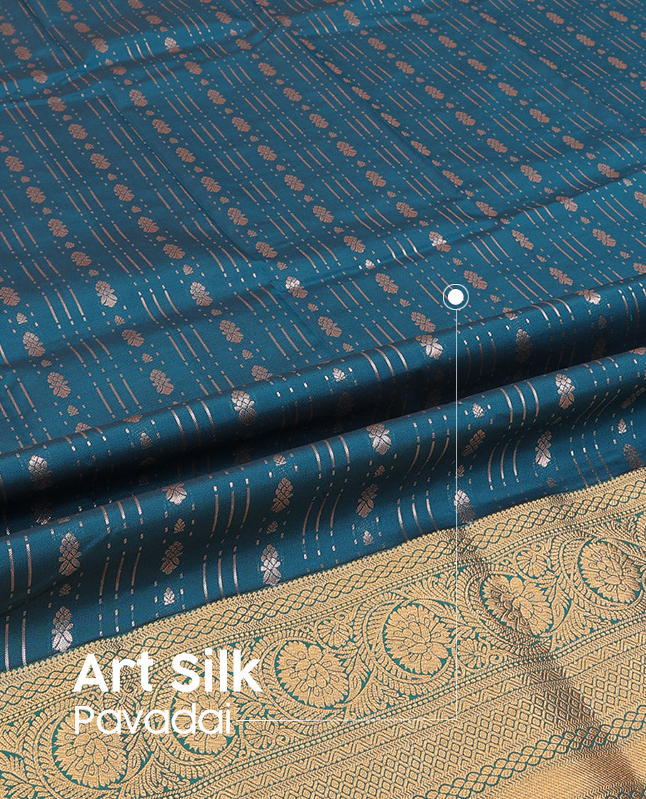 Blue Art Silk Pavadai Material Set, Elegantly Embellished with Zari Designs All Over the Skirt, Complemented by a Contrast Traditional Zari Design Border of Floral Creeper Designs, and Paired with a Contrast Blouse