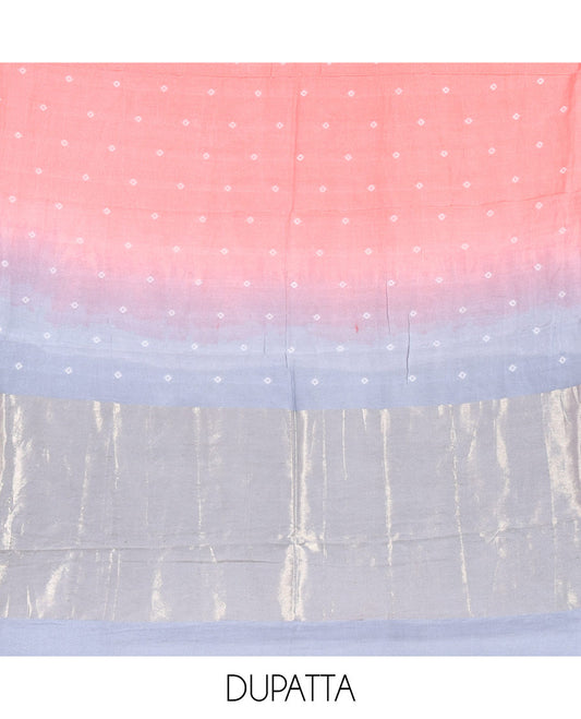 Grey and Pink Semi-Silk Material Churidar Set, Embellished with Bandhani Dots Print, Comes with a Plain Santoon Bottom, and Paired with a Double-Colored Dupatta of Bandhani Dots Print