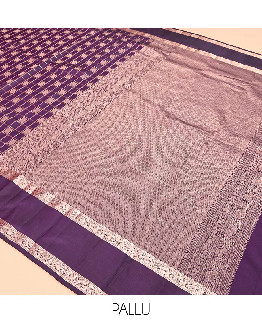 Purple Vasundhara Silk Saree, Decorated with a Zari Checked Design, Highlighted by a Zari Rettai Pettu Border of Yaanai Designs, Jaal Pallu, and a Matching Blouse