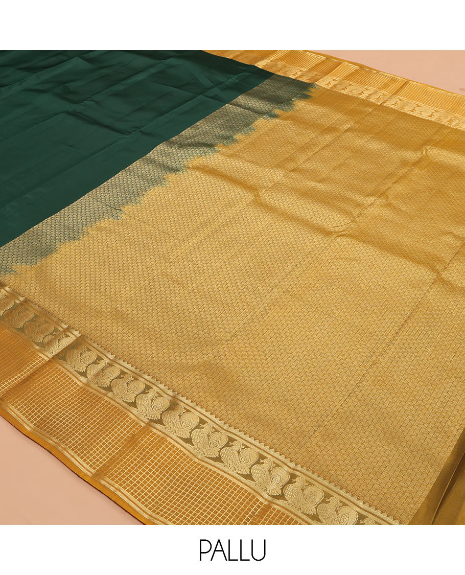 Green Plain Vasundhara Lite Silk Mix Saree, a Contrast Checked Border of Mayil Designs, Grand Pallu, and a Contrast Blouse