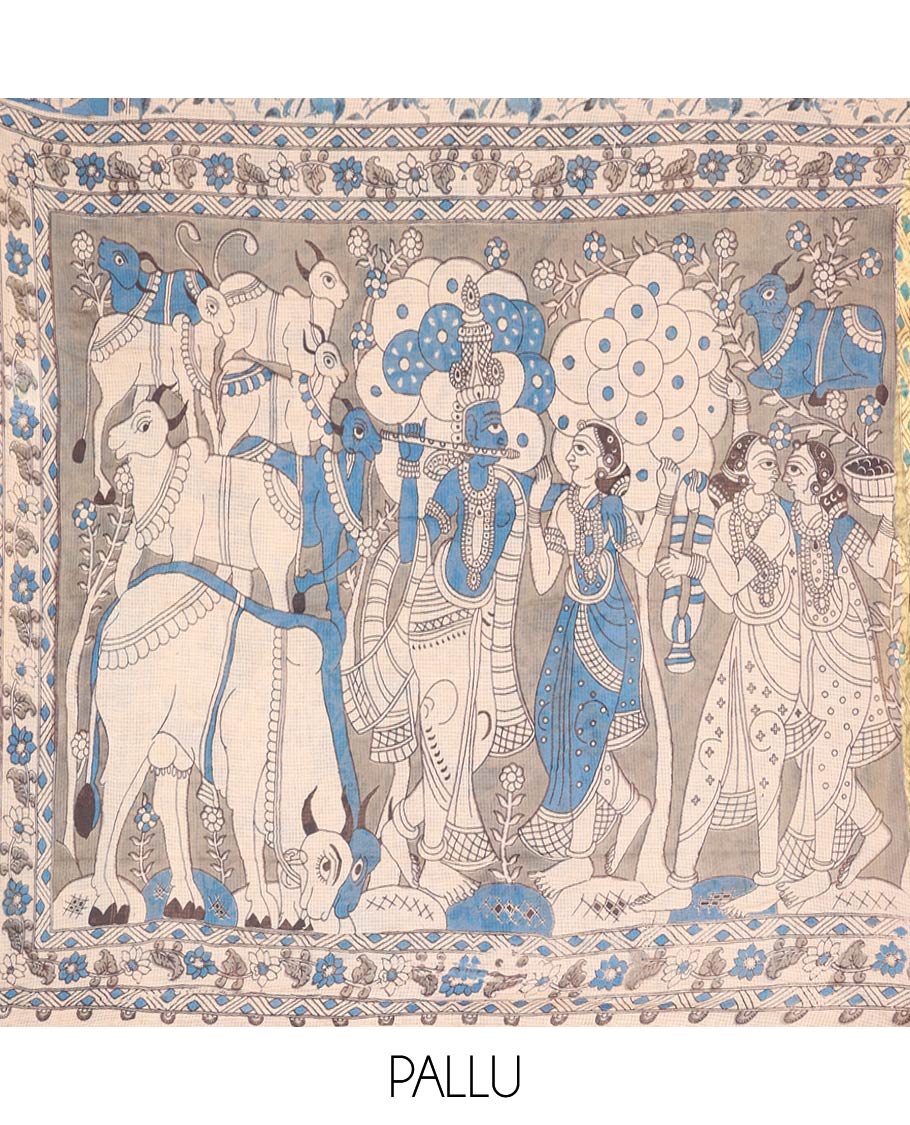 Sandal-Blue Machine-Printed Kalamkari Cotton Saree, Detailed with Bird-Floral Motifs, Contrast Human Motifs Printed Border, Pallu of Human Motifs, and a Contrast Blouse