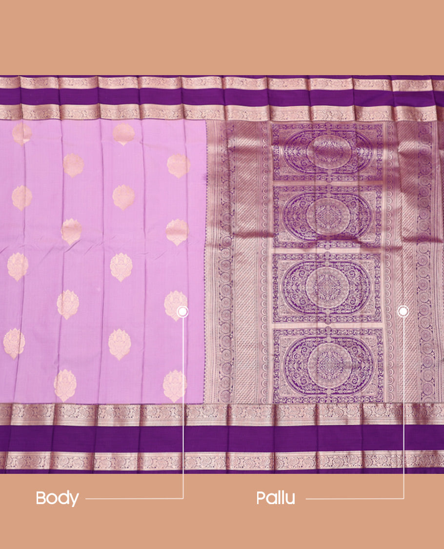Lavender Budget Silk Saree, Embellished with Zari Buttas, Complemented by Contrast Traditional Zari Rettai Pettu Border, Grand Pallu, and a Contrast Blouse