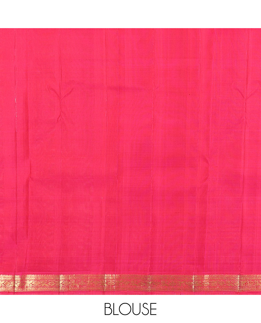 Orange Kanchipuram Silk Saree, Spotlighted with Tree Zari Buttas All Over Its Body, Complemented by a Contrast Border of Rekku, Cross Kamalam, and Kodi Visiry Designs, Intricately Designed Pallu, and Paired with a Contrast Blouse