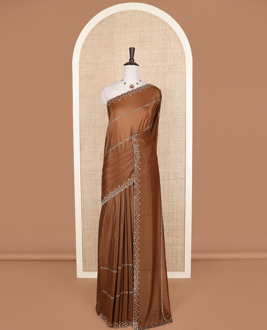 Brown stone and tube bead embroidered designer saree, scallop stone and kardana embroidered border